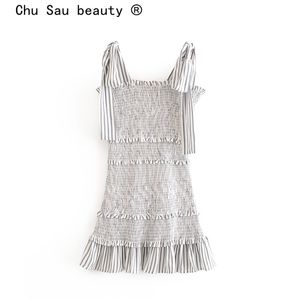 Chu Sau 뷰티 패션 빈티지 스트라이프 슬립 드레스 여성 캐주얼 세련된 어깨 끄기 숄더 플리트 접이식 미니 드레스 여성 210508