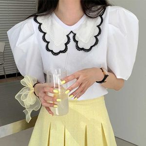 Temperament Chic Korean Patchwork White Ruffled Lace Hollow Out Blouse Women Peter Pan Collar Doll Tops Casual Loose Blusas 210610