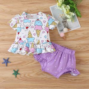 Clothing Sets Summer Baby Girl Set Toddler Little Flying Sleeve Ice Cream Printed Top + Shorts Suit Infant Outfits Clothes
