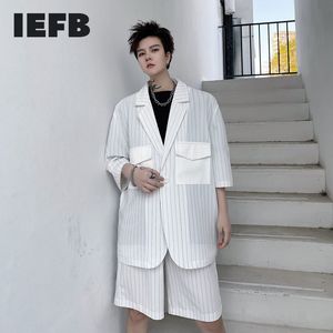 IEFB Summer Stripe Två stycken för män Solid Färgficka Half Sleeve Suit Coat + Wide Leg Shorts för Man Loose 9Y6109 210524