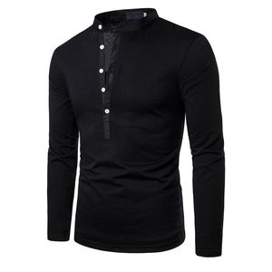 Clássico masculino de cor de pescoço de pescoço masculino Camisa de cor sólida homens de alta qualidade colar de manga longa camiseta masculina polos