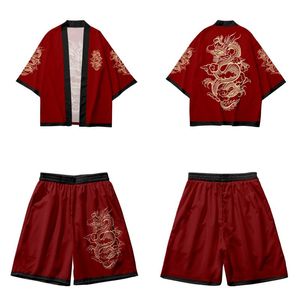 Ethnic Clothing Plus Size 6XL Japanese Style Fashion Kimono And Shorts Set Men Red Dragon Print Cardigan Blouse Haori Obi Asian Clothes