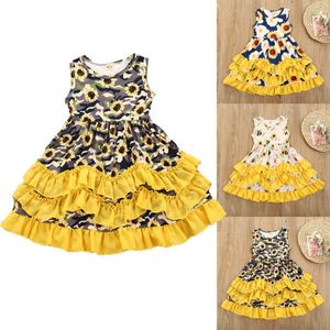 2-10Y Toddler Baby Barnflickor Solros Ruffle Dress Camo Print Ärmlös Sundress Party Kläder Q0716