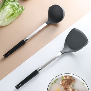 Silikon köksredskap Turners Spatel Soup Spoon Rostfritt stålhandtag Värmebeständig Pan Turner Shovel Scoop Kök Tools WLY BH4718