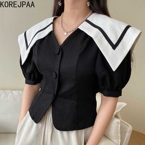 Korejpaa kobiety koszula lato koreański elegancki retro marynarki wojennej kołnierz wykończenia kontrast kolor trzy przycisk szczupły krótkie bluzki rękaw puff 210526