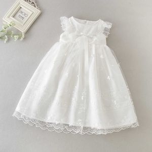 Uzun Bebek Vaftiz Elbisesi İlk Doğum Günü Kolsuz Prenses Elbiseler Ücretsiz Şapka Parti Düğün Giysileri için 0-2Y 9890BB 210610