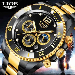 LIGE Watches Mens Top Brand Luxury Clock Casual Stainless Steel 24Hour Moon Phase Men Watch Sport Waterproof Quartz Chronograph 211124