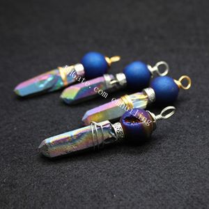 Druzy Metallic Pokrywy Agat Okrągły Korzeń Crystal Point Wisiorek Handmade Drut Owinięty Titanium Niebieski Kwarcowy Geode Kamień Kula Piłka Z Rainbow Rock Stick Charms