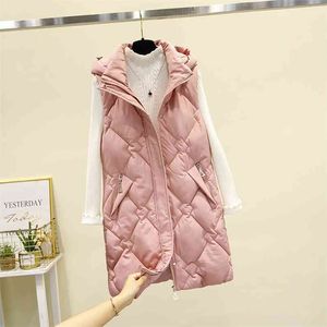 Women Plus Size Vest Autumn Winter Sleeveless Cotton Padded Jacket Female Hooded Long Waistcoat Parkas Ladies Outerwear 210817