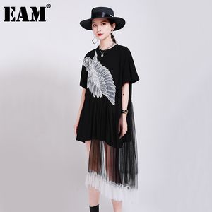 [Eam] Mulheres Wings Black Wings Malha Grande Tamanho Vestido em torno do pescoço de manga curta solta Fit Moda Primavera Verão 1W948 210512