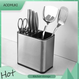 Large Capacity Stainless Steel Chopsticks Spoon Knife Fork Cutlery Storage Box with Drain Function Multiple Grids Kitchen Tools 211112