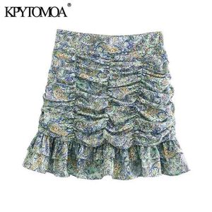 kpytomoaの女性のシックなファッションフリルのプリーツプリントミニスカートビンテージハイウエストバックジッパーの女性Mujer 210619