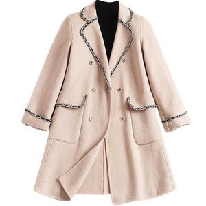Small fragrant double faced woolen coat women's winter Lapel double breasted wool coat 211104