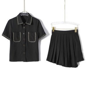 PERHAPS U Black White Solid Short Sleeve Shirt Turn Down Collar Single-breasted Mini Pleated Skirt Two Piece Set Summer T0420 210529