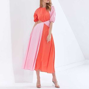 Wiosna Letnie Czeski Długie Suknie Krawat Dye Hollow O-Neck Kobiety Vestidos Patchwork Slim Talia Elegancki Femme Robe 13A173 210525