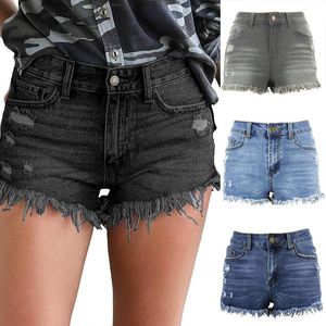 Kvinnlig mode sommar sexig hög midja tofs hål denim shorts kvinnor casual franse frayed rippade jeans perfekt för dagliga slitage kvinnor