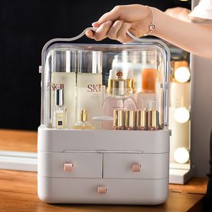 Creative Desktop Transparent Cosmetic Storage Box Proteble Makeup Låda Roterande researrangörer Spegel