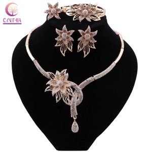 Elegant Women Party Gold Jewelry Conjuntos Colar Bracelete Brincos Anel Set Luxo Jewellry Acessórios Do Casamento Nupcial