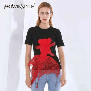 女性首の首の半袖Tシャツの女性服夏のファッション210517のためのTwotwinstyleカジュアル刺繍動物Tシャツ