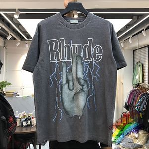 rhudeTシャツの男性女性洗った古いストリートウェアTシャツの夏のスタイル高品質のトップティー