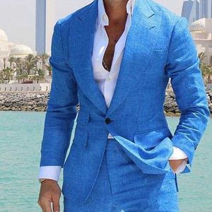 Blue Lniana Peaked Lapel One Button Wedding Tuxedos Summer Beach Costume Groom Nosić Formalne Best Man Blazer Garnitury (kurtka + spodnie) X0909