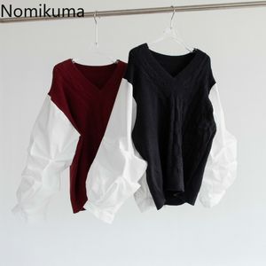 Nomikuma Coreano Causal Cause V-Neck Mulheres Sweater Blouse Sleeve Patchwork Malha Torcido Pullover Outono Inverno Pull Femme 6D020 210427