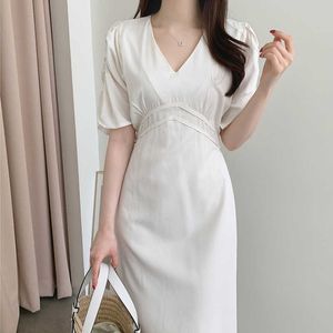 コレヒパアの女性のドレス夏の韓国のシックなフランスのエレガントなVネックタイウエストの痩身色プリーツの半袖vestidos 210526