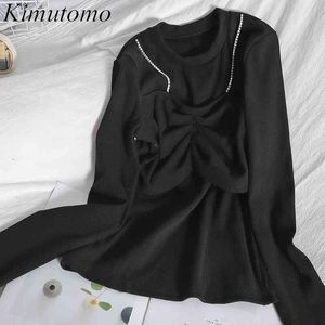 Kimutomo Elegant Casual Patchwork T-shirt Kvinnor Fake Två Piece O-Neck Slim Långärmad Solid Top Korea Chic Spring 210521