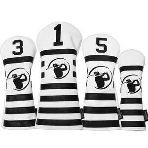 4pcs / Set PU Leather White Black Stripes Golf Club Cover Driver FW Fairway Wood Hybird Headcovers