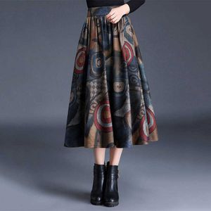 Mode Hög Midja Ulltryck Pläterad Kjol Kvinnor Plus Storlek Vintage Tjock Midi Skirt Kvinna Faldas Big Swing Wool Long Kjolar 210619