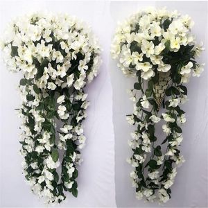 Ghirlande di fiori decorativi Decoro di fiori artificiali viola Simulazione Matrimonio Appeso a parete Cesto Vite Orchidea Rattan di seta Decorazione per esterni