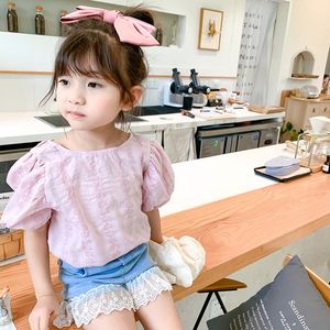 Girls summer fashion Court style retro jacquard blouses knitted cotton puff sleeve Tops 210508