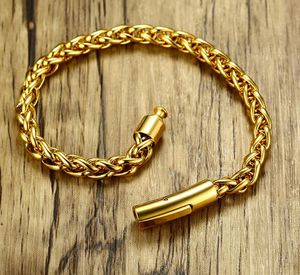 Bracelete de cadeia de link trançada de aço inoxidável ouro para homens mulheres jóias 6mm 8,66 polegadas