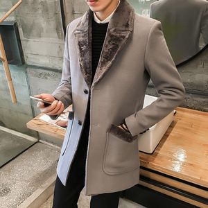 Winter mens windbreaker long section plus velvet warm coat coat fashion slim fur collar solid color woolen coat size S-5XL 2pcs