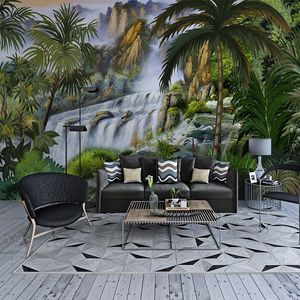Пользовательские обои в области росписи 3d стерео водопад тропический тропический лес ландшафт фреска гостиная диван спальня background стена декор