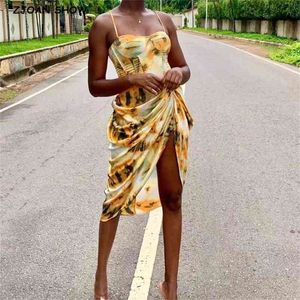 Women Vintage Yellow Tie dye Flower print Spaghetti Strap Dress Hem Slim Waist Slit Irregular Long Dresses Sling Vestido 210429