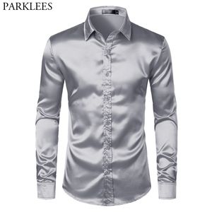 Men's Satin Luxury Dress Shirts Slim Fit Silk Casual Dance Party Shirt for Men Long Sleeve Wrinkle Free Tuxedo Shirt Male Sliver 210522