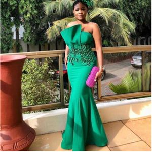 Mermaid Green Satin Evening Dress With Beads Appliques Long Strapless Women Formal Prom Dresses Celebrity Gown Gowns Es S es s