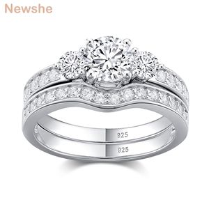 ona 2 sztuki Solidne 925 Sterling Silver Wedding Ring Set dla Kobiet 3 Kamienie Zaręczyny Bridal Klasyczna Biżuteria Prezent BR1099 211217