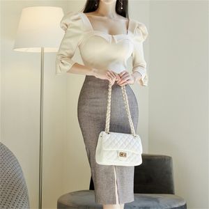 Womens Spring Flare Sleeve Elegant Korean Pencil Dress Bow Ruffles Split Dresses Wear To Work OL Bodycon Vestido 210603