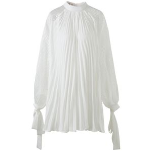White Stand Collar Puff Sleeve Long Ruched Bow Elegant A-line Mini Dress D1985 210514
