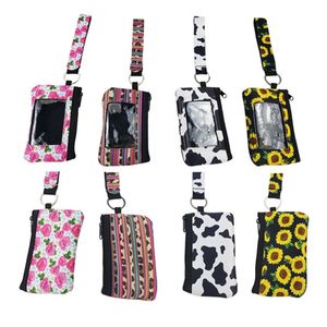 Print Sunflower Leopard Coin Purses Cow Flower MultiFunction Neoprene Passport Cover ID Card Holder Wristlets Clutch Wallet With Keychain 10 colors item