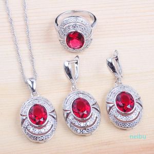 Earrings & Necklace Russian Style Rose Red Zirconia Wedding Jewelry Set Crystal Pendants Earring Ring For Women Luxury Party