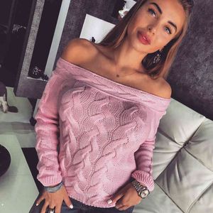 Autumn Knitted Sweater Women Sexy Off Shoulder Long Sleeve Pullover Tops Fashional Women Sweater and Pullovers 210518