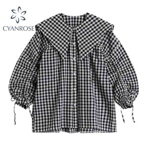 Oversized plaid cardigan skjortor blusar kvinnor puff långärmad spets upp seglare krage preppy stil rok toppar casual retro blusas 210515