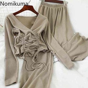 Nomikuma Autumn Knitted 2Piece Mulheres Outfit Drawstring Curta Manga Longa V-Neck Knitwear + High Winest Wide Leg Calças 6C367 210427