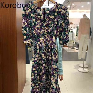 Korobov Koreansk blomma Elegant Kvinnor Klänning Vintage Puff Sleeve O Neck Klänningar Sommar Ny Chic High Waist Vestidos 2A533 210430