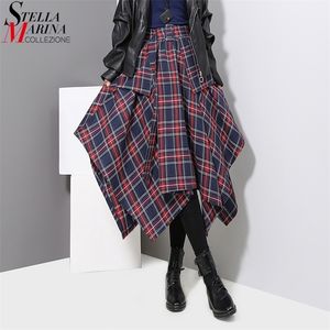 Korean Style Woman Red Plaid Asymmetrical Skirt Sashes High Waist Midi Belted Ladies Casual Unique Irregular Checker 3027 220312