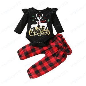 Conjuntos de roupas de crianças meninas meninos roupas Xmas infantil cervos de Natal impressão tops de manga voador + calças xadrez 2 pçs / set primavera outono moda boutique roupas