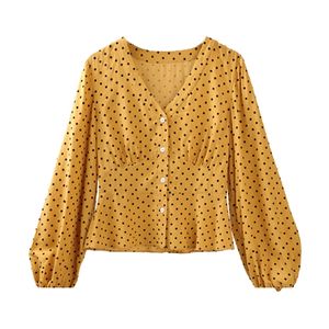 Pink Yellow Polka Dot Button Shirt Blouse Top Women V Neck B0208 210514